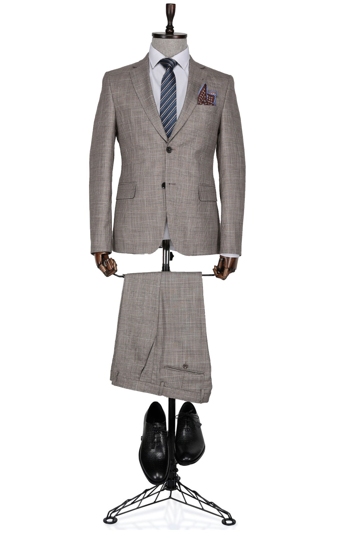 Ekose Bottega Slim fit Kahverengi Erkek Takım Elbise resmi