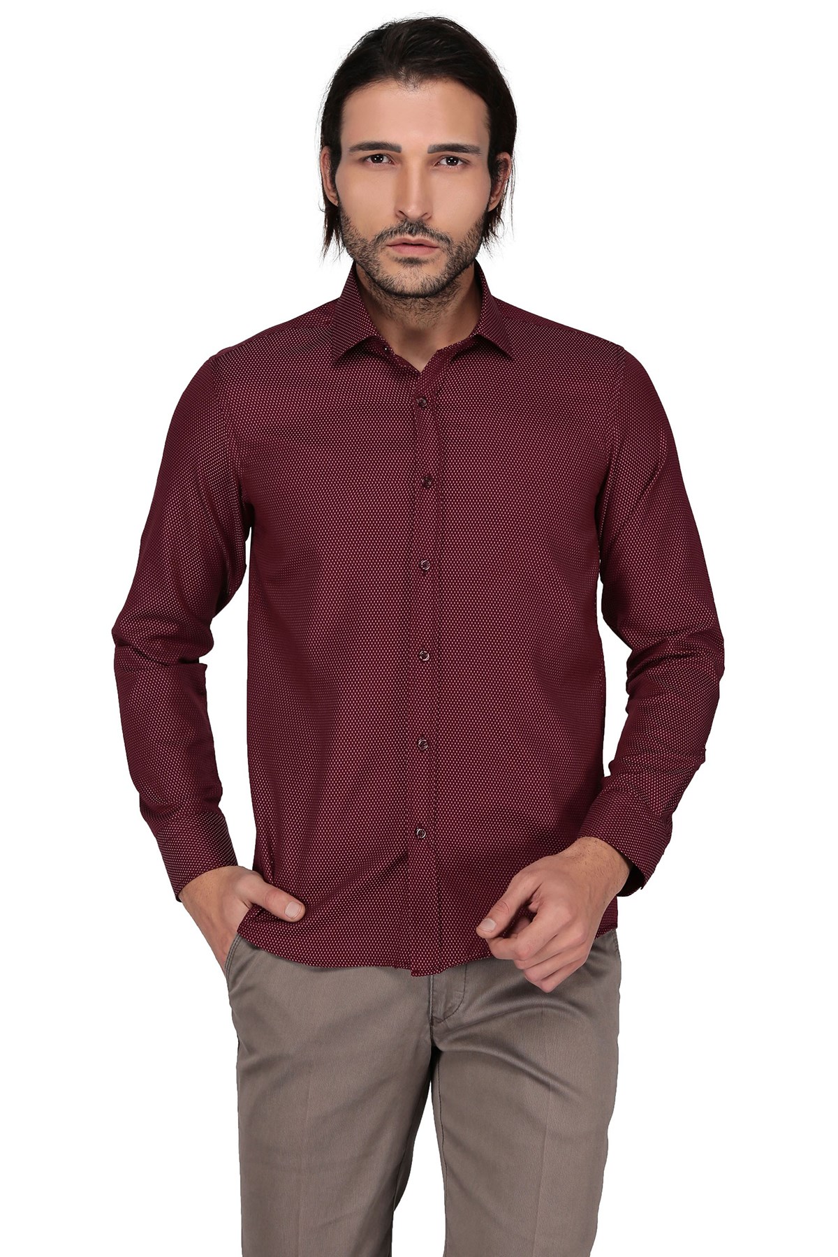 Ekose 3275 Uzun Kol Slim Fit Gomlek-Bordo resmi