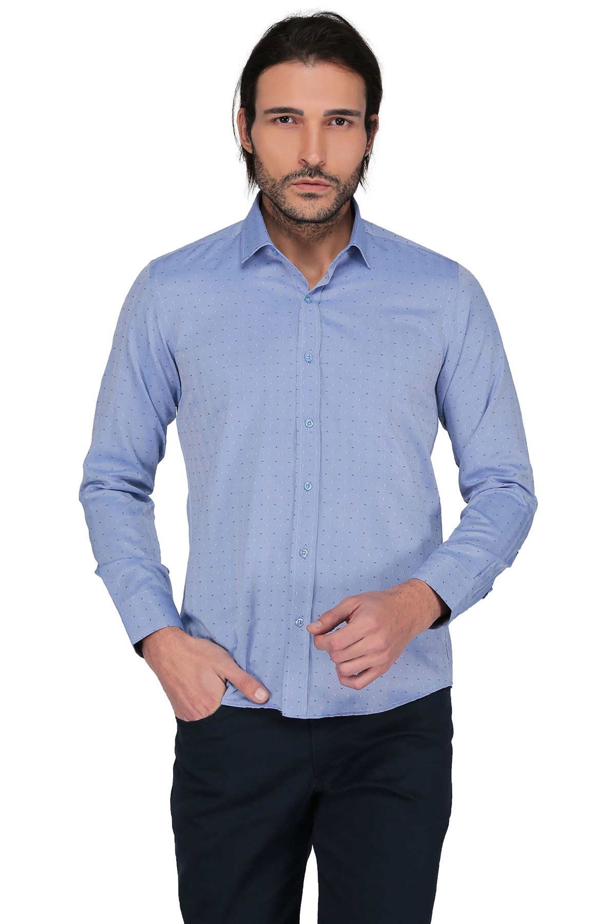 Saten Opal 41131 Uzun Kol Slim Fit Gomlek-Mavi resmi