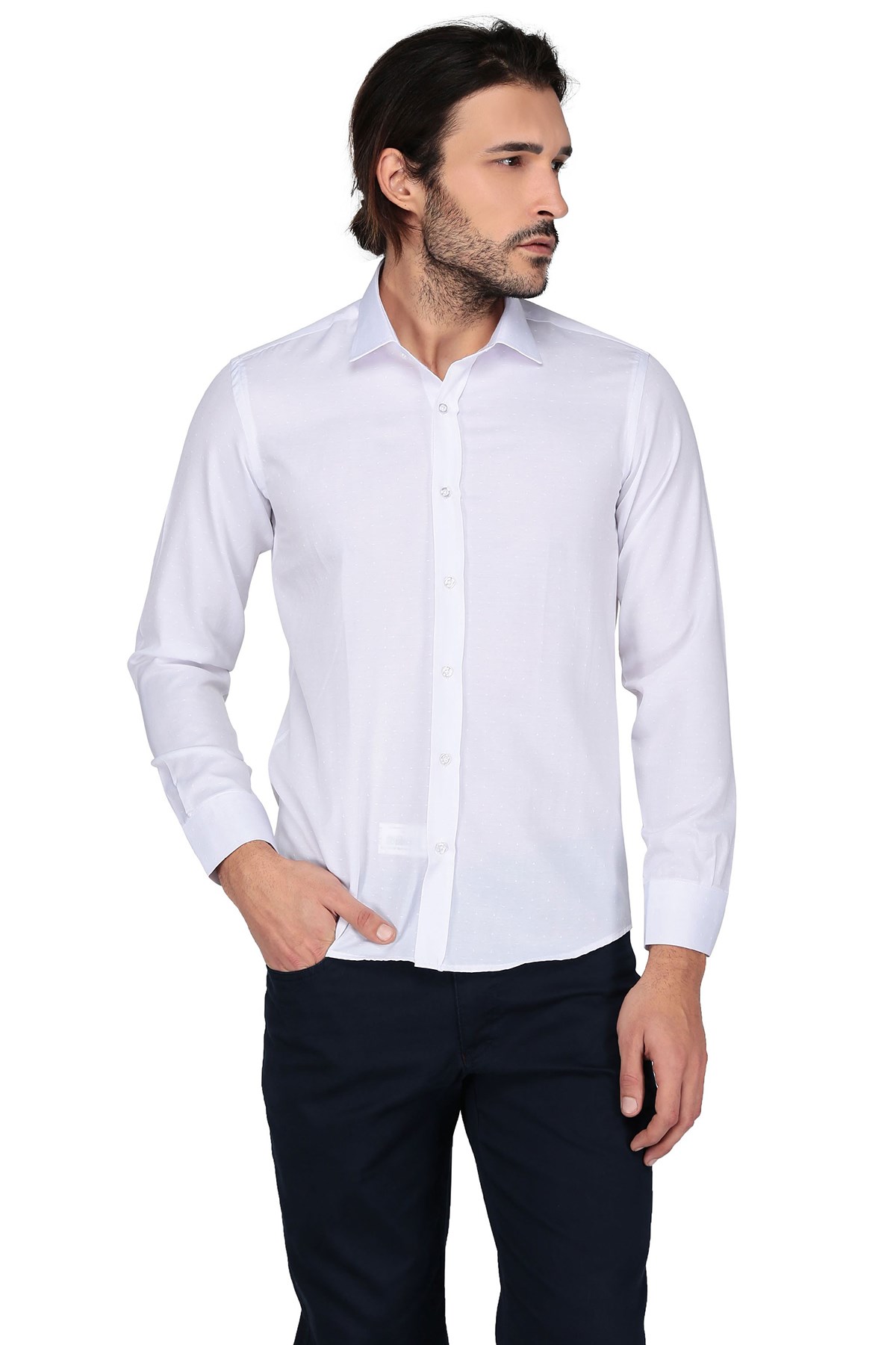 Saten Opal 41131 Uzun Kol Slim Fit Gomlek-Beyaz resmi