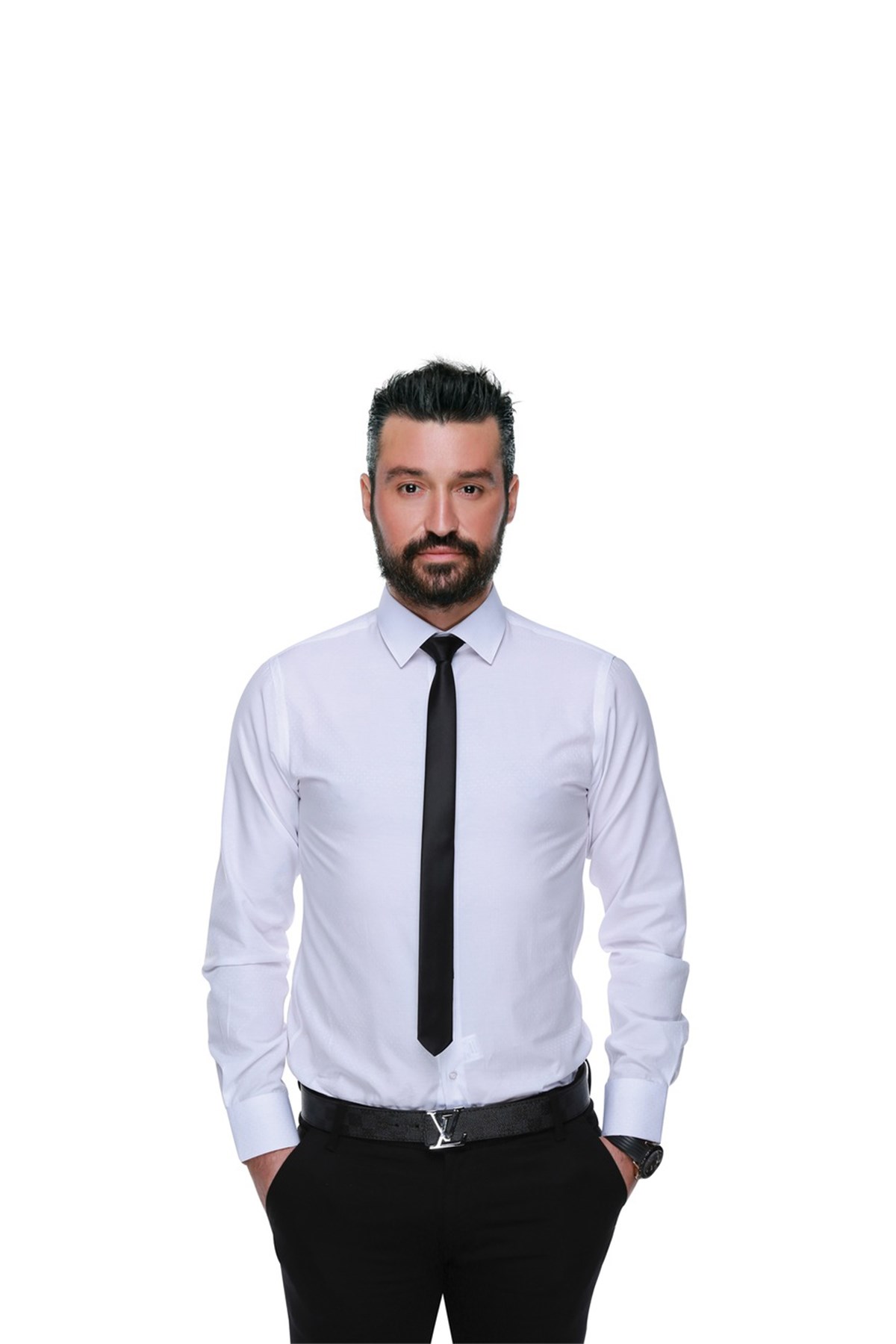 41104 Slim Fit Noktalı Erkek Gömlek- Beyaz resmi