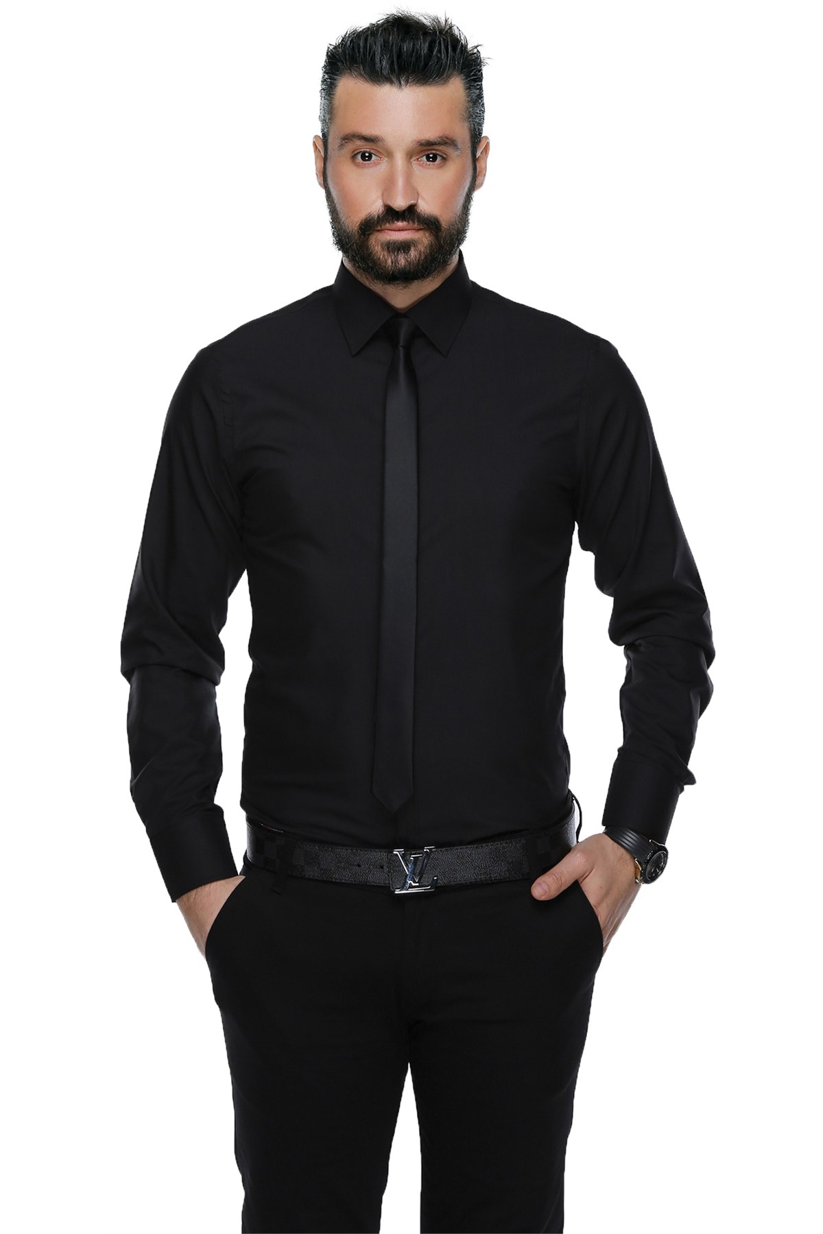 Picture of Düz Renk Dar Kesim Yeni Erkek Gömlek-Siyah